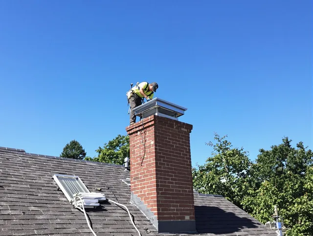 North Haven Chimney Sweep technician measuring a chimney cap in North Haven, CT