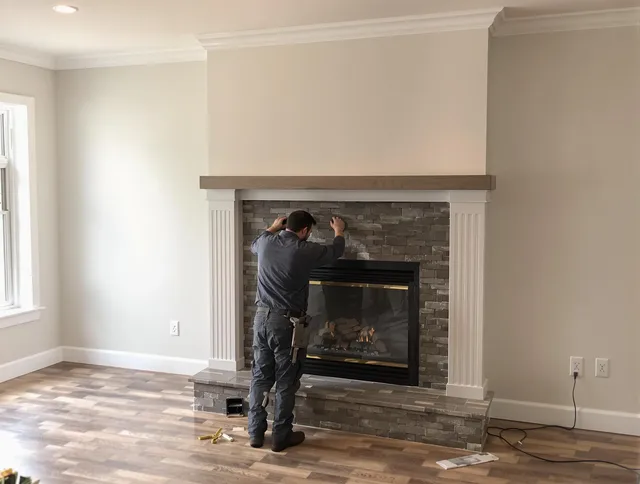 North Haven Chimney Sweep finishing a custom fireplace install in North Haven, CT